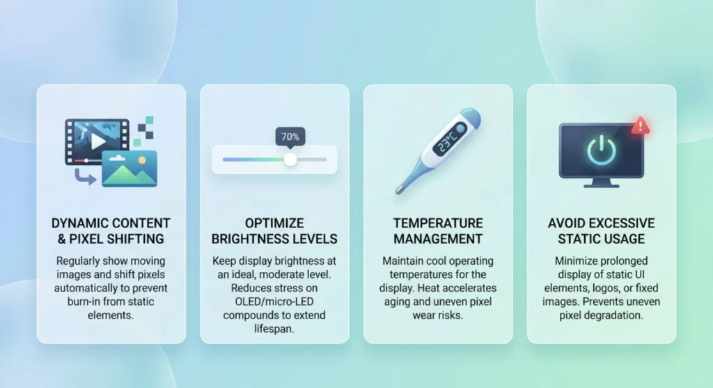 A 4-panel technical infographic outlining display passive recovery tips playing dynamic content, setting brightness to 70%, keeping room temp at 23°C, and leaving the screen powered on
