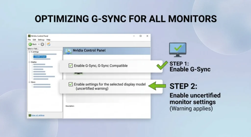 A clean UI infographic detailing the Nvidia Control Panel procedure to manually force-enable G-Sync Compatible settings on an uncertified monitor