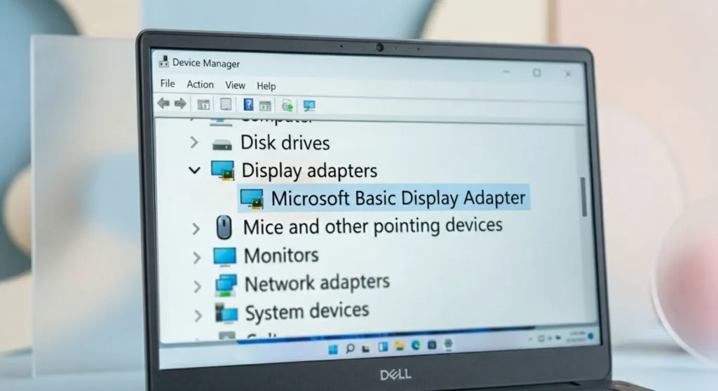 A close-up macro photo of Windows Device Manager showing a Microsoft Basic Display Adapter entry that blocks the Night Light color transformation