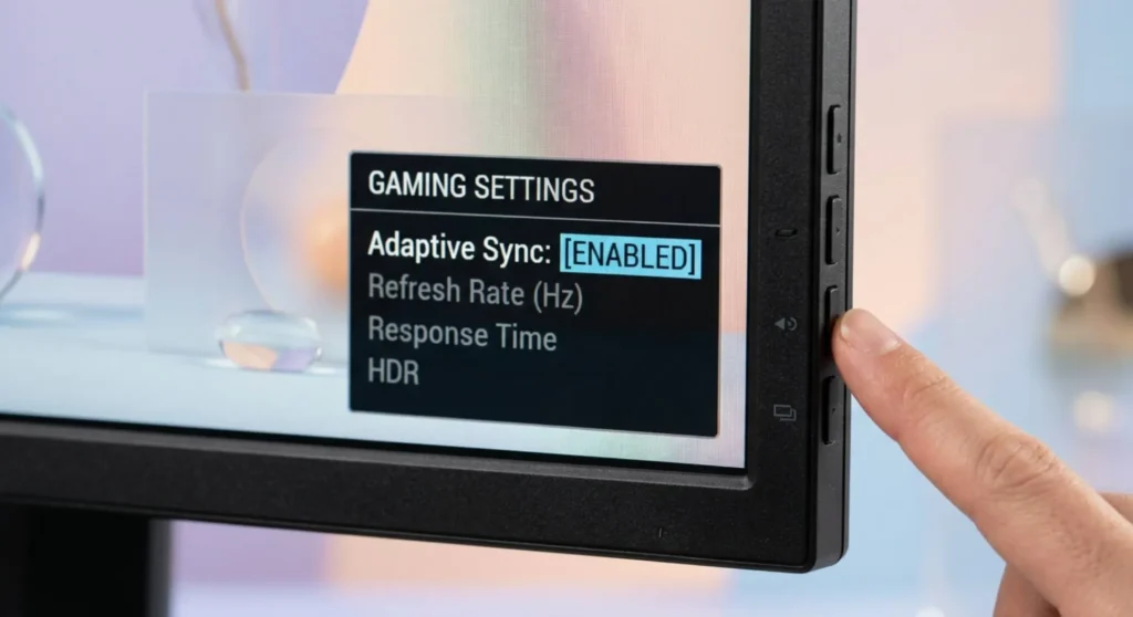 A close-up macro photo of a gaming monitor's OSD configuration menu, showcasing the hardware activation of the Adaptive Sync and FreeSync settings