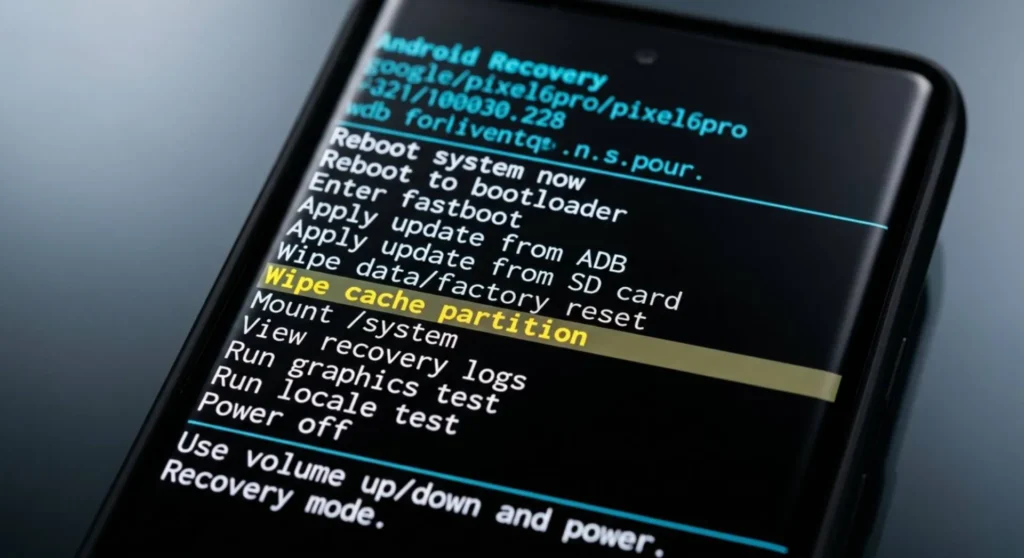 A close-up macro photo of an Android phone screen displaying the specialized recovery menu interface for wiping the system cache partition