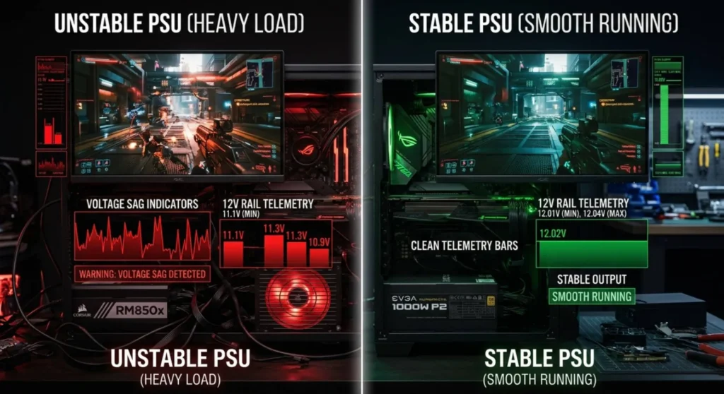 A comparative diagram showing power supply unit voltage sag under peak load causing monitor signal drops versus stable 12V delivery