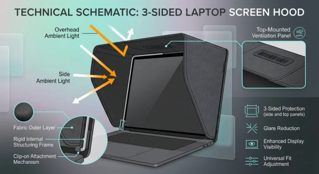 A comparison photo showcasing a polarized screen filter in action, blocking specular reflections on a laptop screen while illustrating orientation-dependent blocking