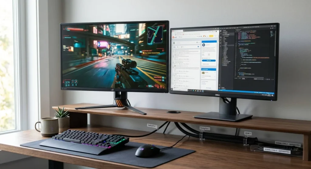 A dual-monitor PC setup with separate refresh rates demonstrating proper display cable management to prevent signal crosstalk