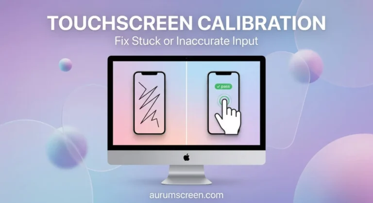 A high-contrast tech blog header image showing a large gaming monitor on a pastel gradient background, demonstrating a split-screen touch calibration fix for Android and iOS smartphones