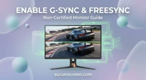 A high-end gaming monitor displaying a split-screen effect that contrasts horizontal screen tearing against perfectly smooth, synchronized gameplay, on a soft pastel background with professional t