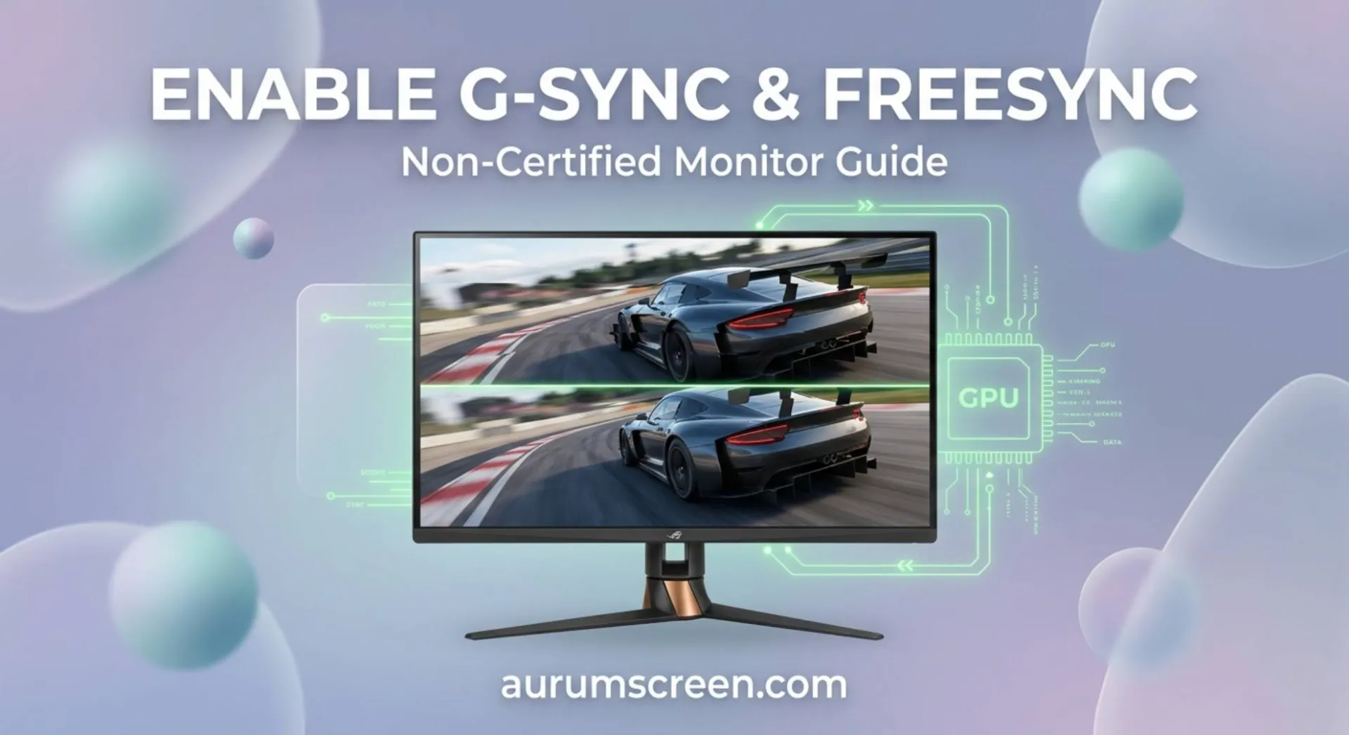 A high-end gaming monitor displaying a split-screen effect that contrasts horizontal screen tearing against perfectly smooth, synchronized gameplay, on a soft pastel background with professional t