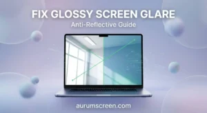 A high-end glossy laptop displaying a split-screen reflection reduction, comparing strong glare on the left with a clear, calibrated anti-reflective image on the right, on a soft pastel background