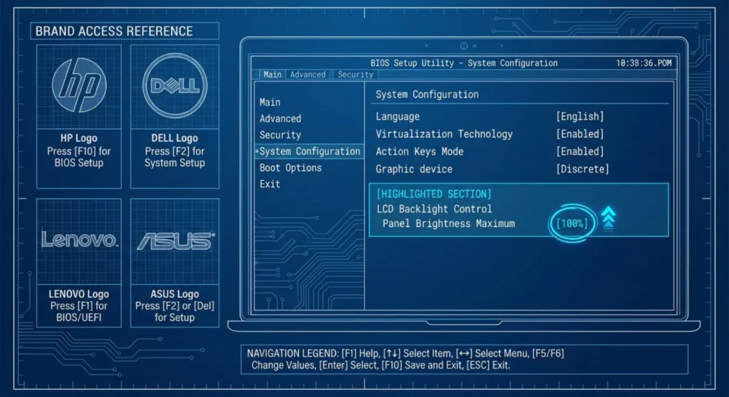 A laptop screen booted into the system BIOS setup menu adjusting hardware backlight and panel brightness configurations