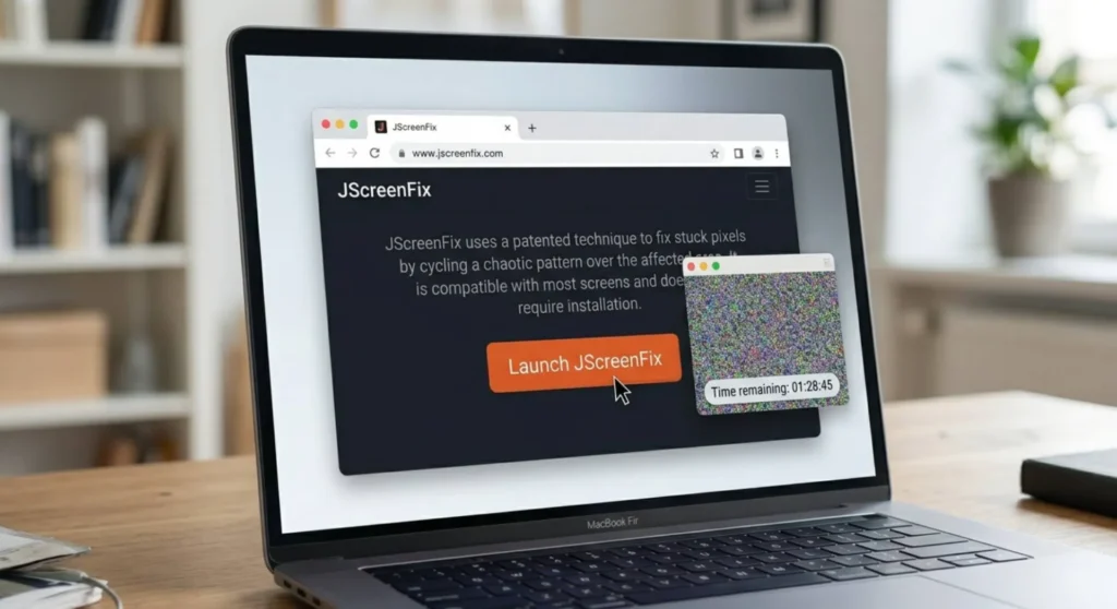 A laptop screen displaying the JScreenFix website interface with an active, small pixel cycling window running a multi-colored noise pattern to fix a stuck pixel