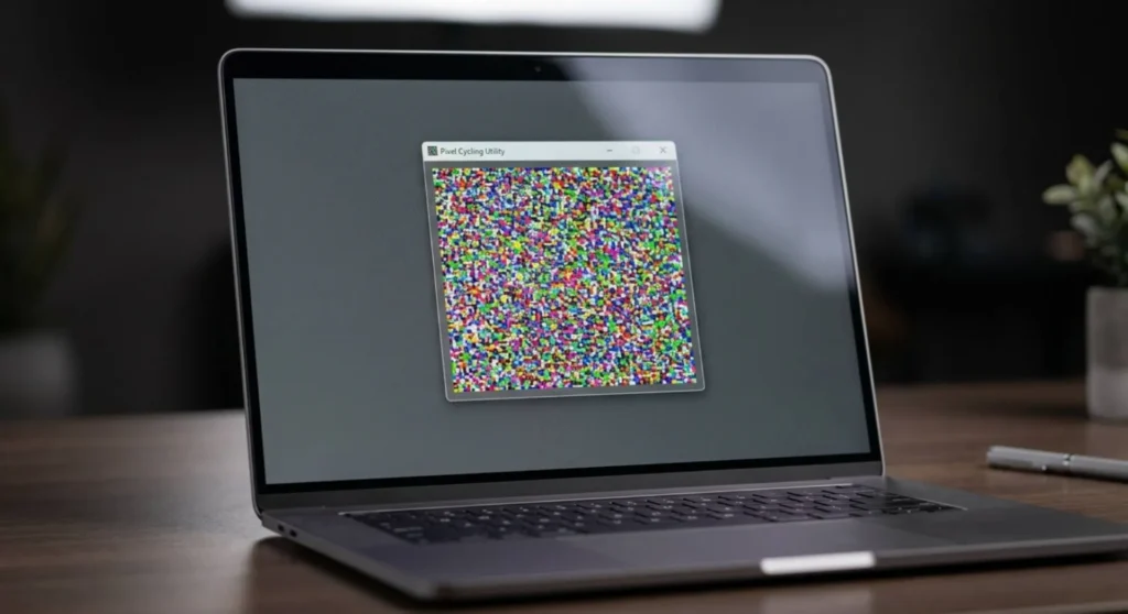 A laptop screen running a targeted pixel cycling software utility over an area affected by image retention