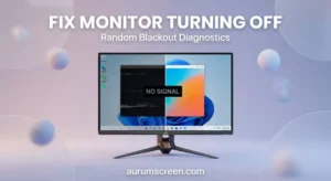 A large high-end gaming monitor demonstrating a split-screen fix for a monitor that keeps turning off and on randomly on a pastel background