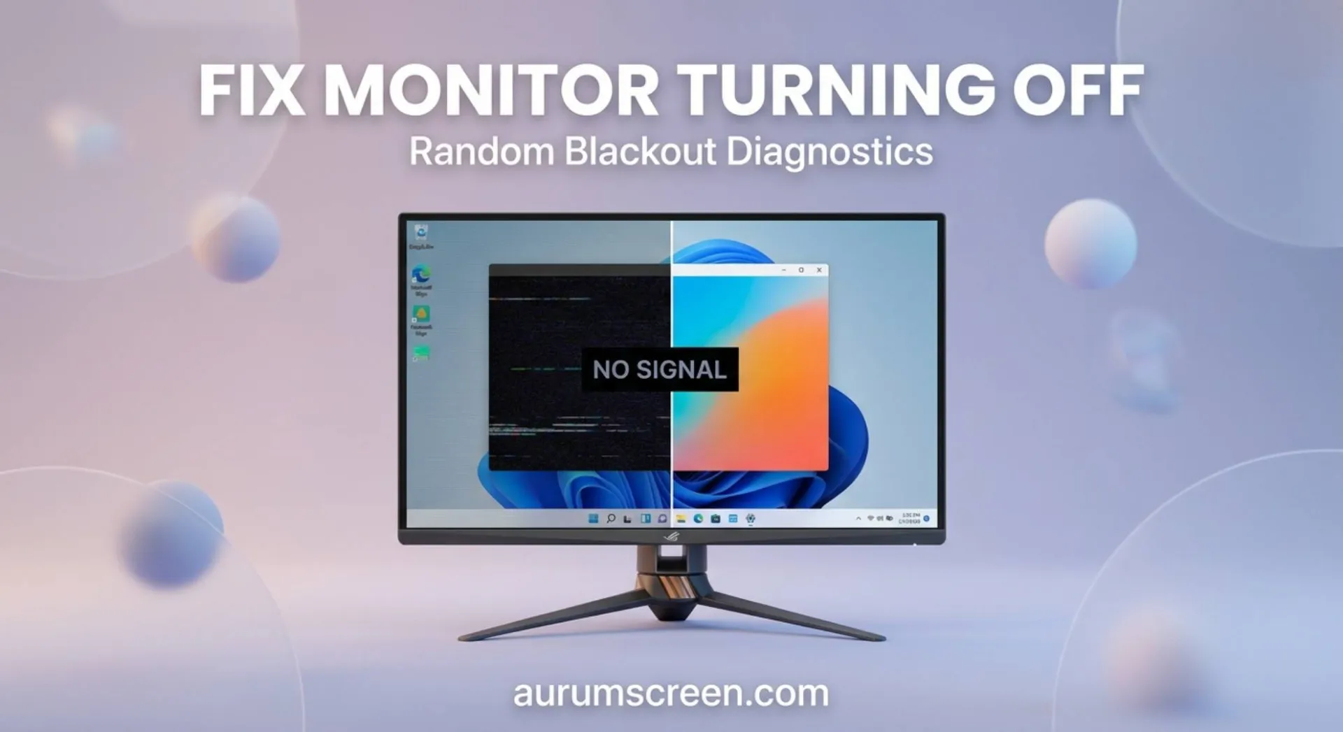 A large high-end gaming monitor demonstrating a split-screen fix for a monitor that keeps turning off and on randomly on a pastel background