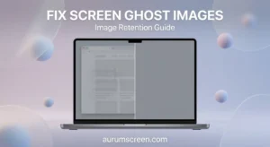 A large high-end laptop demonstrating a split-screen fix for a faint ghost image and screen burn-in artifact on a soft pastel background