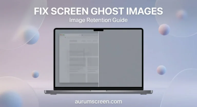 A large high-end laptop demonstrating a split-screen fix for a faint ghost image and screen burn-in artifact on a soft pastel background