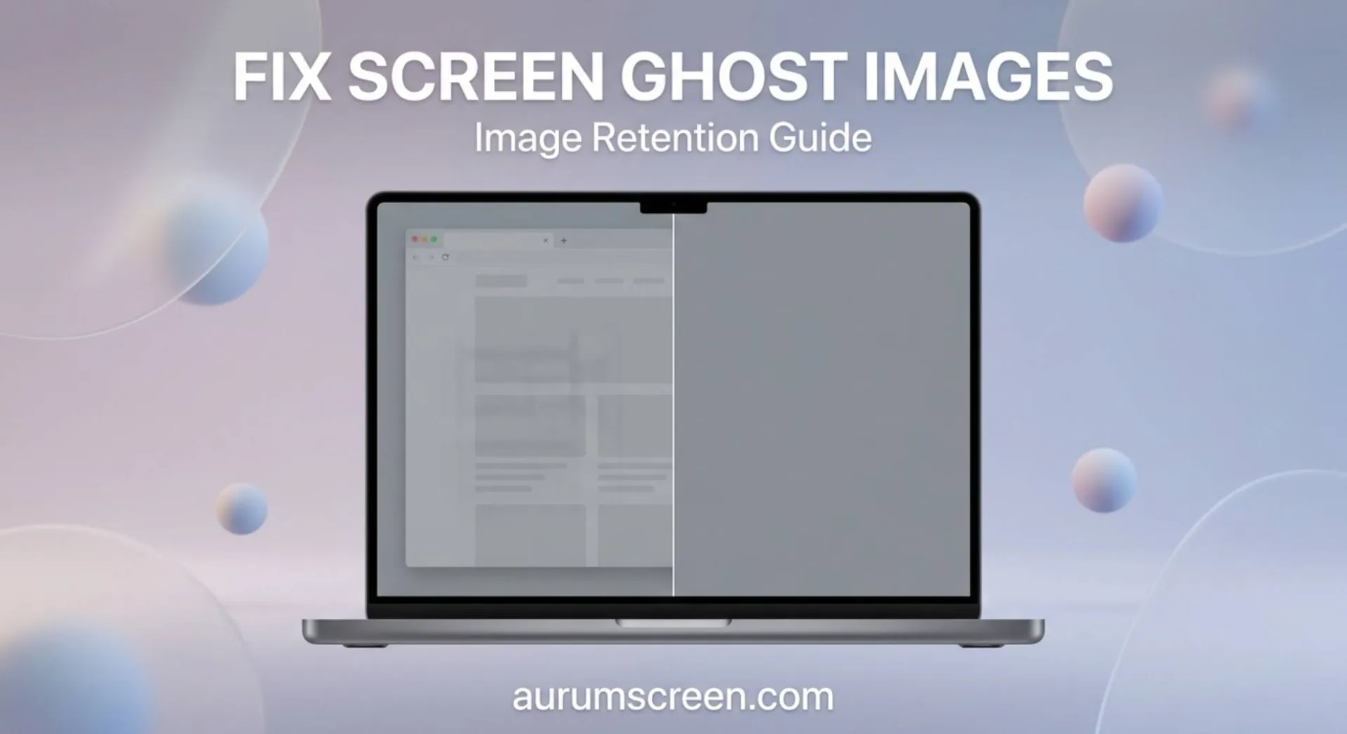 A large high-end laptop demonstrating a split-screen fix for a faint ghost image and screen burn-in artifact on a soft pastel background