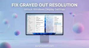 A large high-end monitor demonstrating a split-screen fix for a grayed out or locked screen resolution dropdown menu in Windows display settings on a pastel background