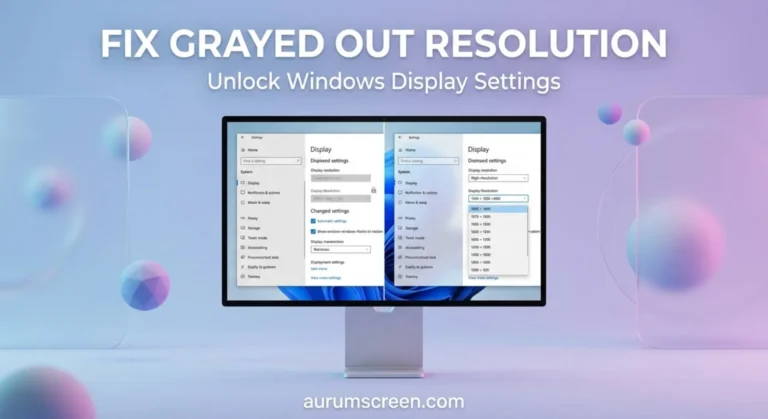 A large high-end monitor demonstrating a split-screen fix for a grayed out or locked screen resolution dropdown menu in Windows display settings on a pastel background