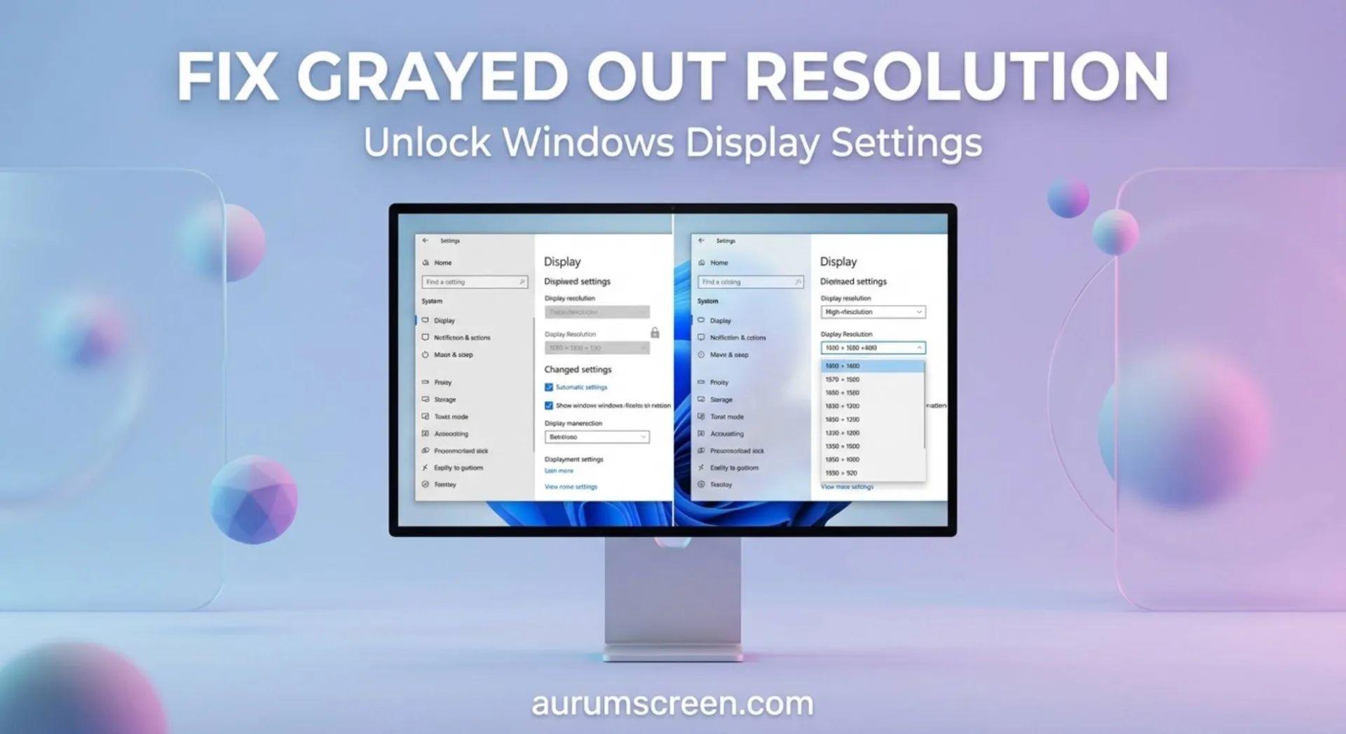 A large high-end monitor demonstrating a split-screen fix for a grayed out or locked screen resolution dropdown menu in Windows display settings on a pastel background