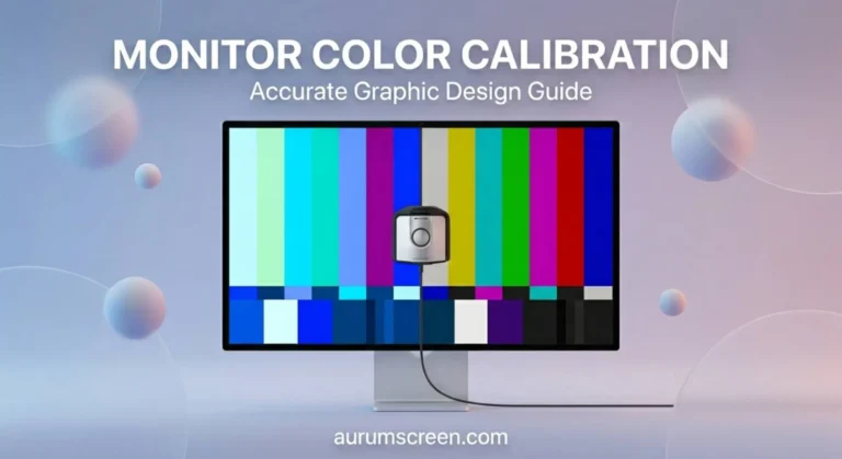 A large high-end monitor with a colorimeter attached, demonstrating a split-screen color calibration fix on a soft pastel background