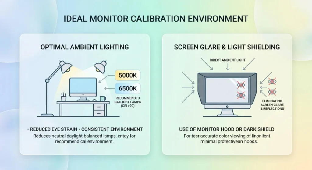 A minimal tech infographic showing the ideal monitor calibration environment, highlighting daylight-balanced ambient lighting (5000K6500K) and preventing direct screen glare
