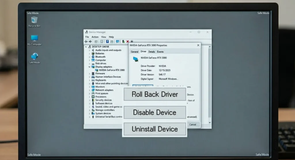 A monitor screen in low-resolution Safe Mode showing the Device Manager window with focus on the GPU roll back driver property button