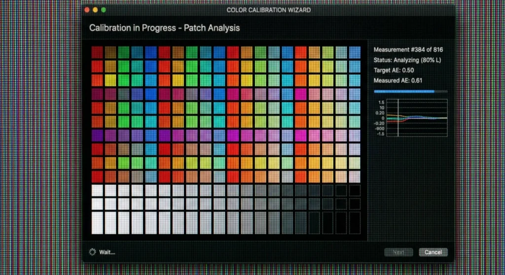A monitor screen running a professional calibration software profiling session with a large color patch grid layout active