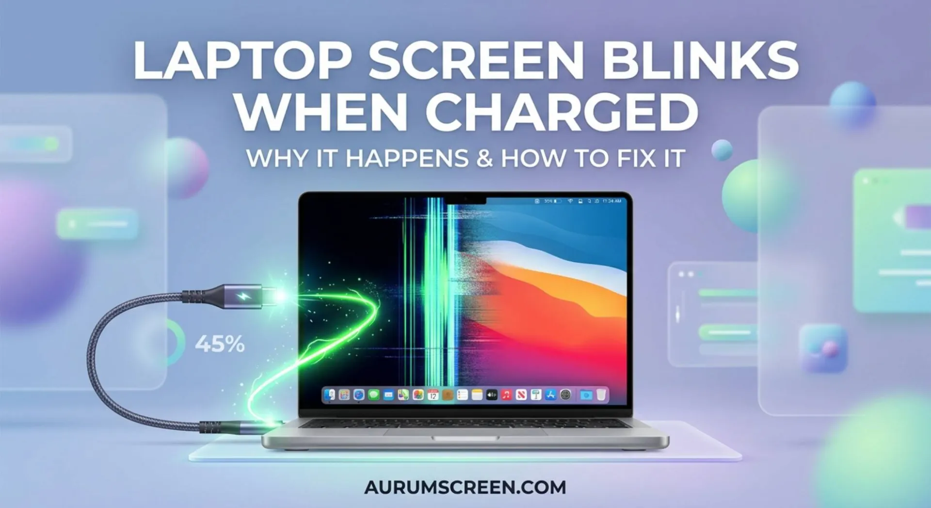 A premium laptop capturing a screen blink artifact at the exact moment a USB-C charging cable is plugged in, set against a soft pastel background with professional title typography