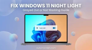 A premium laptop screen displaying a side-by-side color shift from harsh blue light to warm amber Night Light glow, set against a soft pastel background with professional title typography