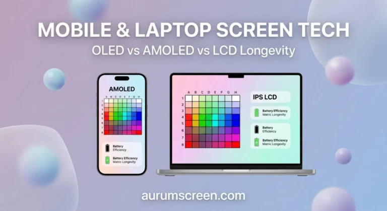 A premium smartphone and a creator laptop side-by-side showcasing AMOLED and LCD screens on a soft pastel background with professional website title typography