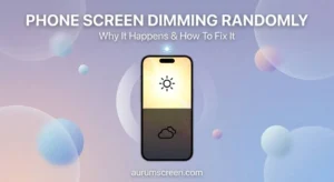 A premium smartphone screen displaying a split-screen contrast between high and low brightness levels, set against a soft pastel background with professional title typography