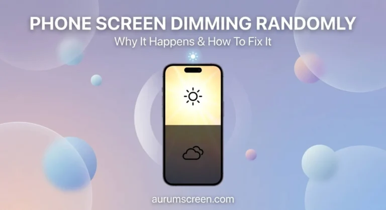 A premium smartphone screen displaying a split-screen contrast between high and low brightness levels, set against a soft pastel background with professional title typography