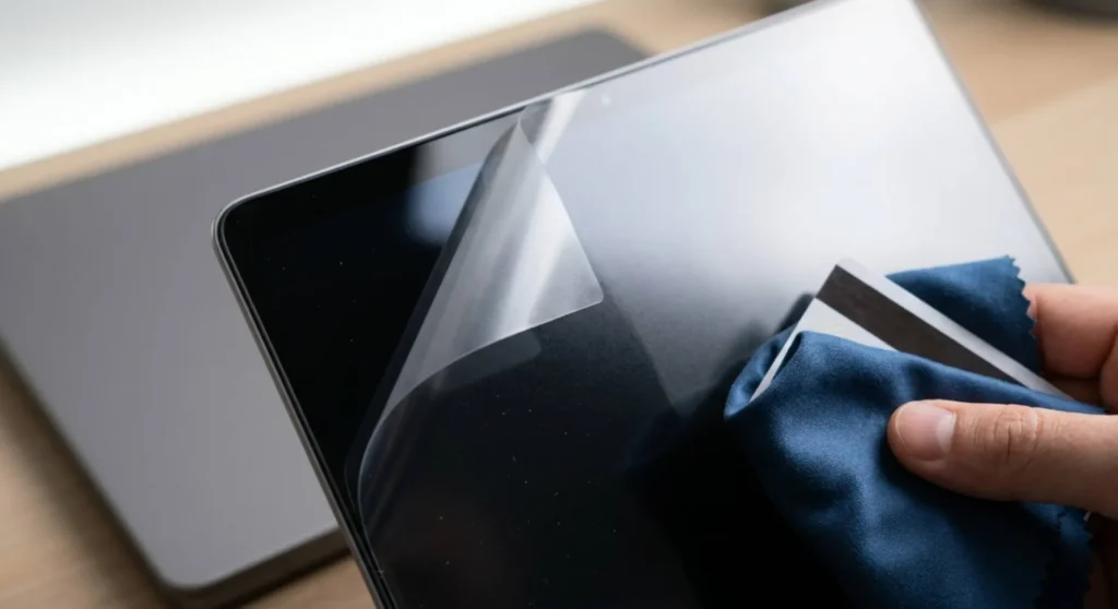 A professional close-up macro photo of an anti-glare screen protector film being applied to a glossy laptop screen, showing the haze texture transition over the glass surface