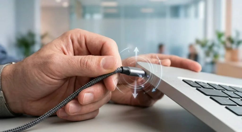 A professional close-up photo demonstrating a physical check of a laptop charger cable, flexing the connector to test for loose port contact or hardware damage