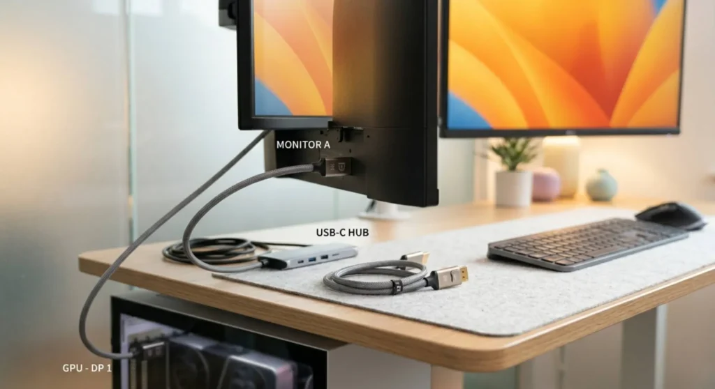 A professional close-up photo demonstrating multi-monitor troubleshooting, connecting a display directly to the GPU to preserve the color pipeline