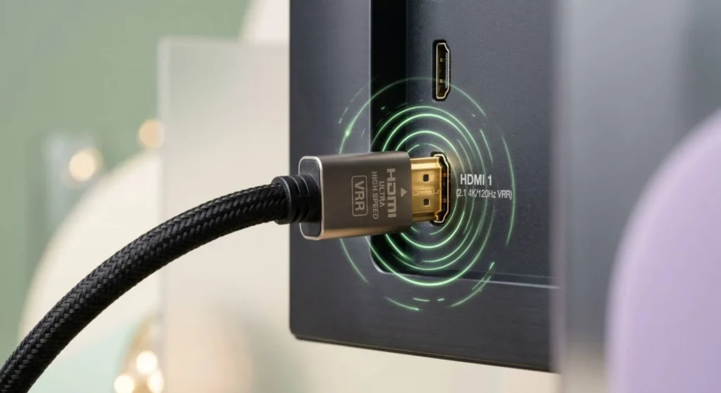 A professional close-up photo of an HDMI 2.1 cable connection, illustrating native HDMI Forum VRR capability on modern graphics cards and gaming monitors