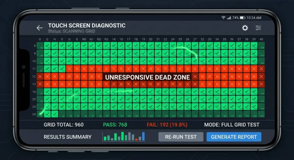 A smartphone display running a hardware zone mapping test showing functional green grids and an unresponsive red dead zone band