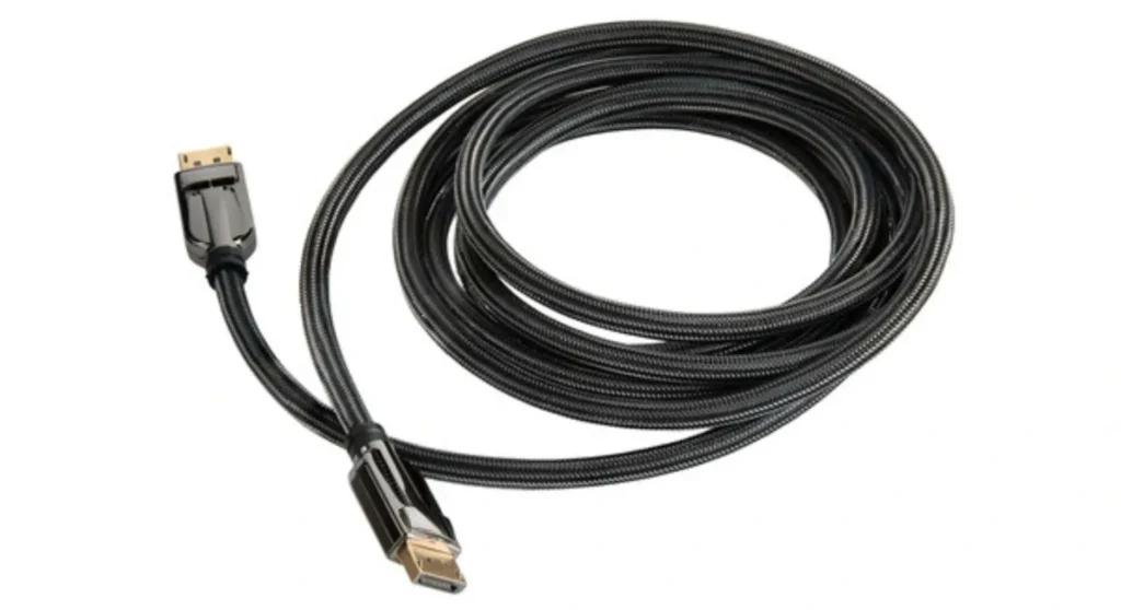ALT Text_ A coiled, black nylon-braided video display cable with gold-plated connectors encased in sleek, glossy dark-gray metallic housings, isolated on a clean white background