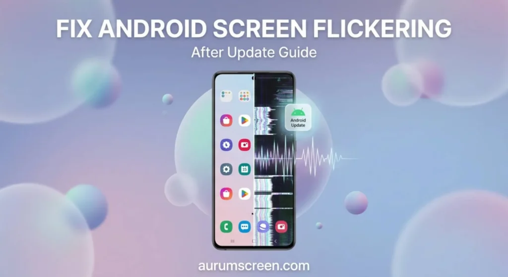 A premium Android smartphone screen displaying a vertical split-screen contrast between a clean interface and dramatic screen flickering artifacts, set against a soft pastel background with professional title typography
