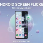 A premium Android smartphone screen displaying a vertical split-screen contrast between a clean interface and dramatic screen flickering artifacts, set against a soft pastel background with professional title typography
