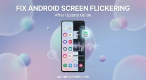 A premium Android smartphone screen displaying a vertical split-screen contrast between a clean interface and dramatic screen flickering artifacts, set against a soft pastel background with professional title typography