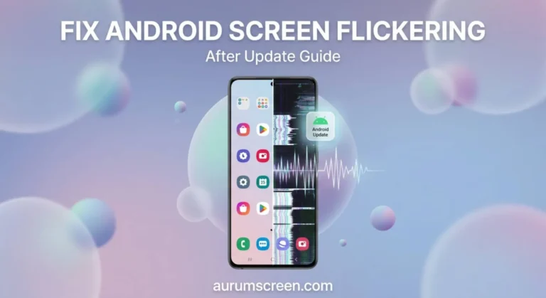 A premium Android smartphone screen displaying a vertical split-screen contrast between a clean interface and dramatic screen flickering artifacts, set against a soft pastel background with professional title typography
