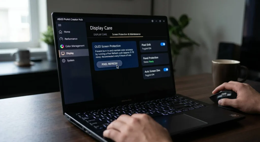 Accessing the built-in manufacturer display utility to run a hardware-level OLED pixel refresh compensation cycle on a laptop