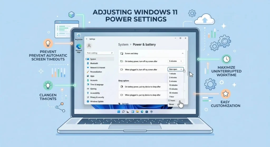 Adjusting Windows power options and display sleep timeout settings to prevent the monitor from turning off automatically