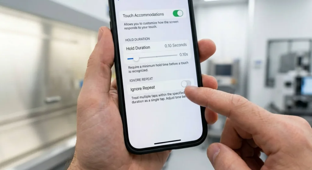 Adjusting the Touch Accommodations menu settings on an Apple iPhone to change touchscreen response behavior