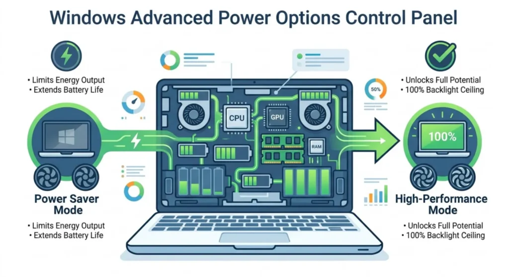 Advanced power settings panel infographic showing how to remove brightness ceilings and power plan restrictions on a laptop