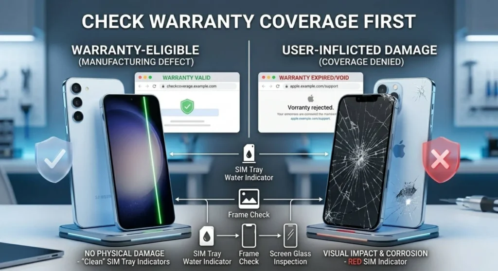 An informative technical diagram illustrating how to document a smartphone's physical condition to confirm warranty eligibility for manufacturing defects versus user-inflicted damage