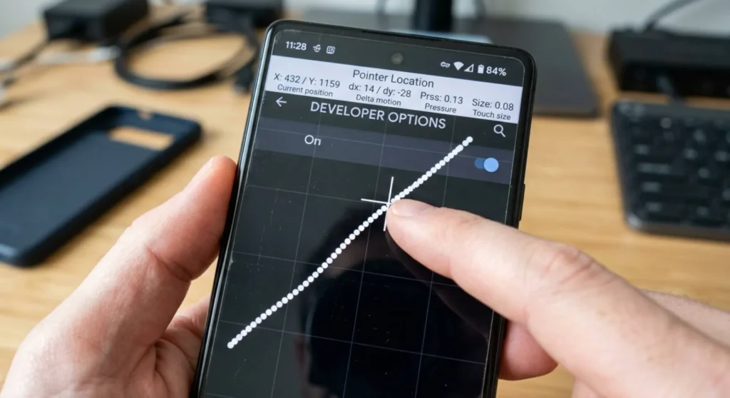 Android developer options pointer location and show touches visual diagnostics active on a smartphone screen
