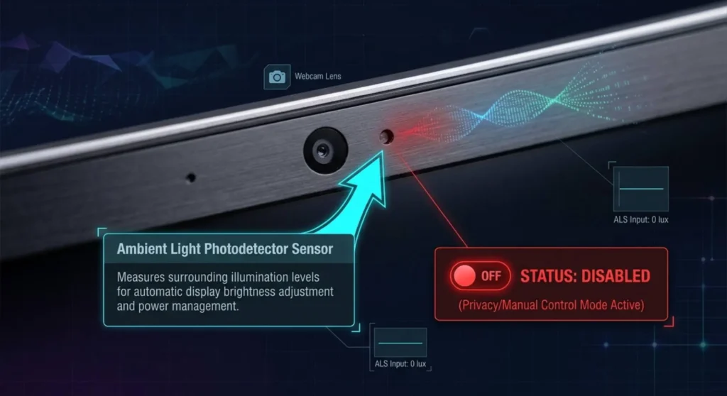 Close-up technical infographic of a laptop webcam bezel showing the location of the ambient light sensor for adaptive brightness