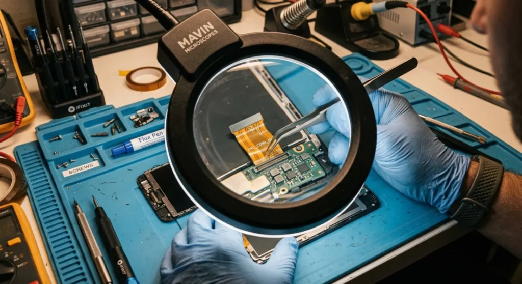 Close-up view of a smartphone hardware repair showing the digitizer flex ribbon cable and display assembly under technical inspection